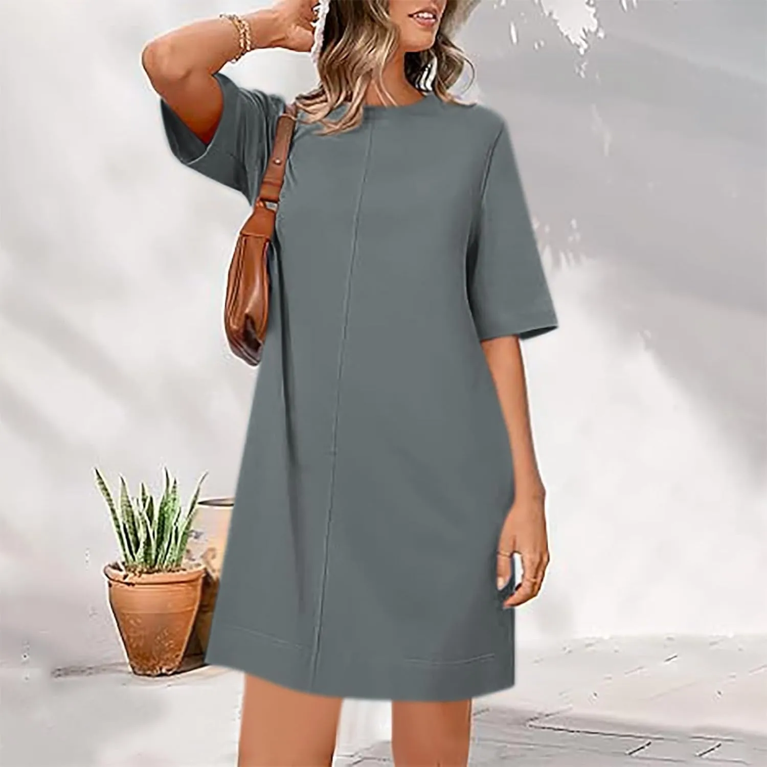 Short Sleeve Summer Mini Dress for Women Crewneck Fashion Casual Dress Flowy T Shirt Dresses Loose Vacation Sundress