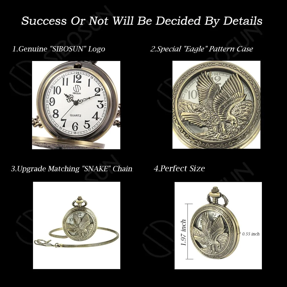 SIBOSUN Eagle Design Pocket Watch with Chain Antique Pocket Watch Quartz Movement Men's Qocket Watch Arabic Numeral Dial