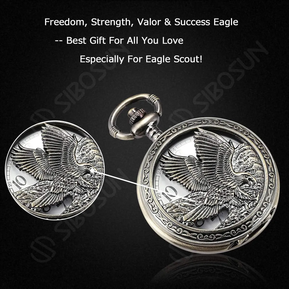 SIBOSUN Eagle Design Pocket Watch with Chain Antique Pocket Watch Quartz Movement Men's Qocket Watch Arabic Numeral Dial