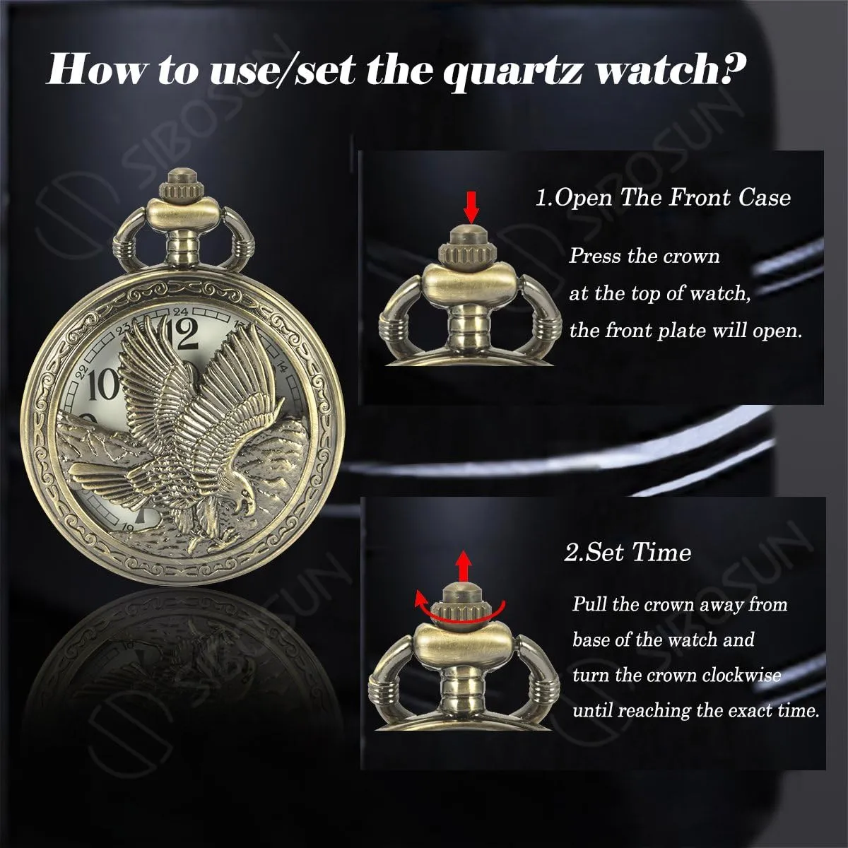 SIBOSUN Eagle Design Pocket Watch with Chain Antique Pocket Watch Quartz Movement Men's Qocket Watch Arabic Numeral Dial