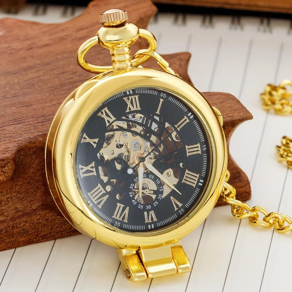 Silver/Gold Transparent Cover Mechanical Pocket Watch for Men Vintage Skeleton Dial Clock Hand Wind Male Fob Chain Watches