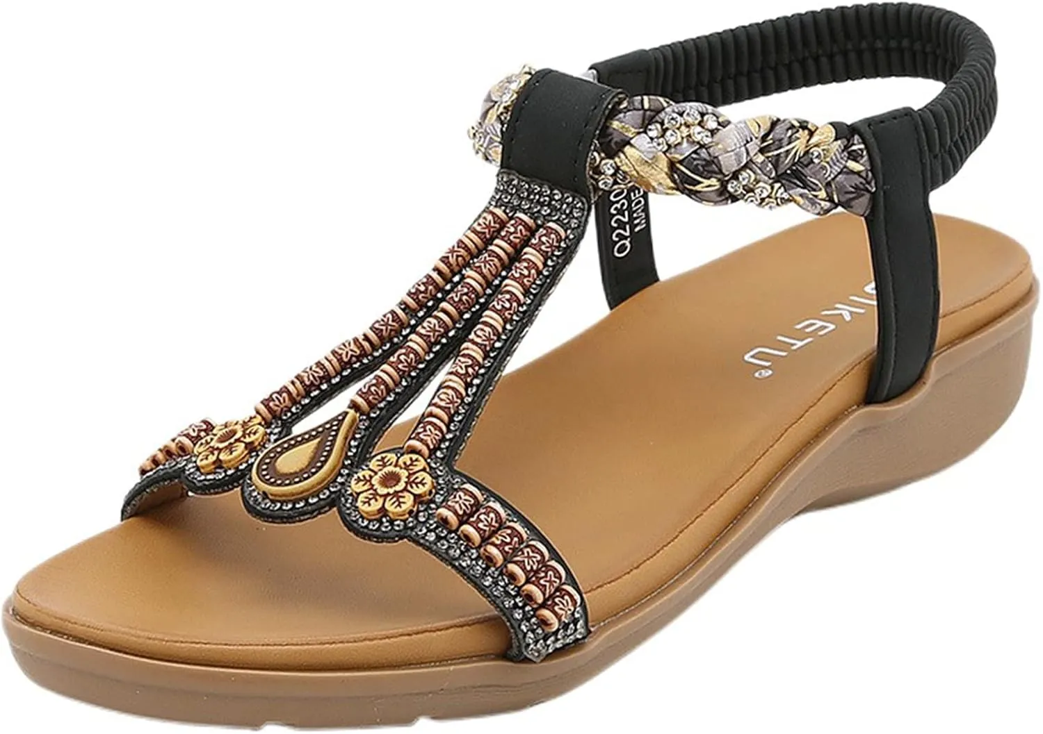 Slingback T Strap Flat Sandals for Women Bohemian Beaded Comfortable Open Toe Elastic Ankle Strap Sandals Dressy Casual Summer Beach Shoes Outdoor Walking Flats Sandal Breathable Lightweight Footwear