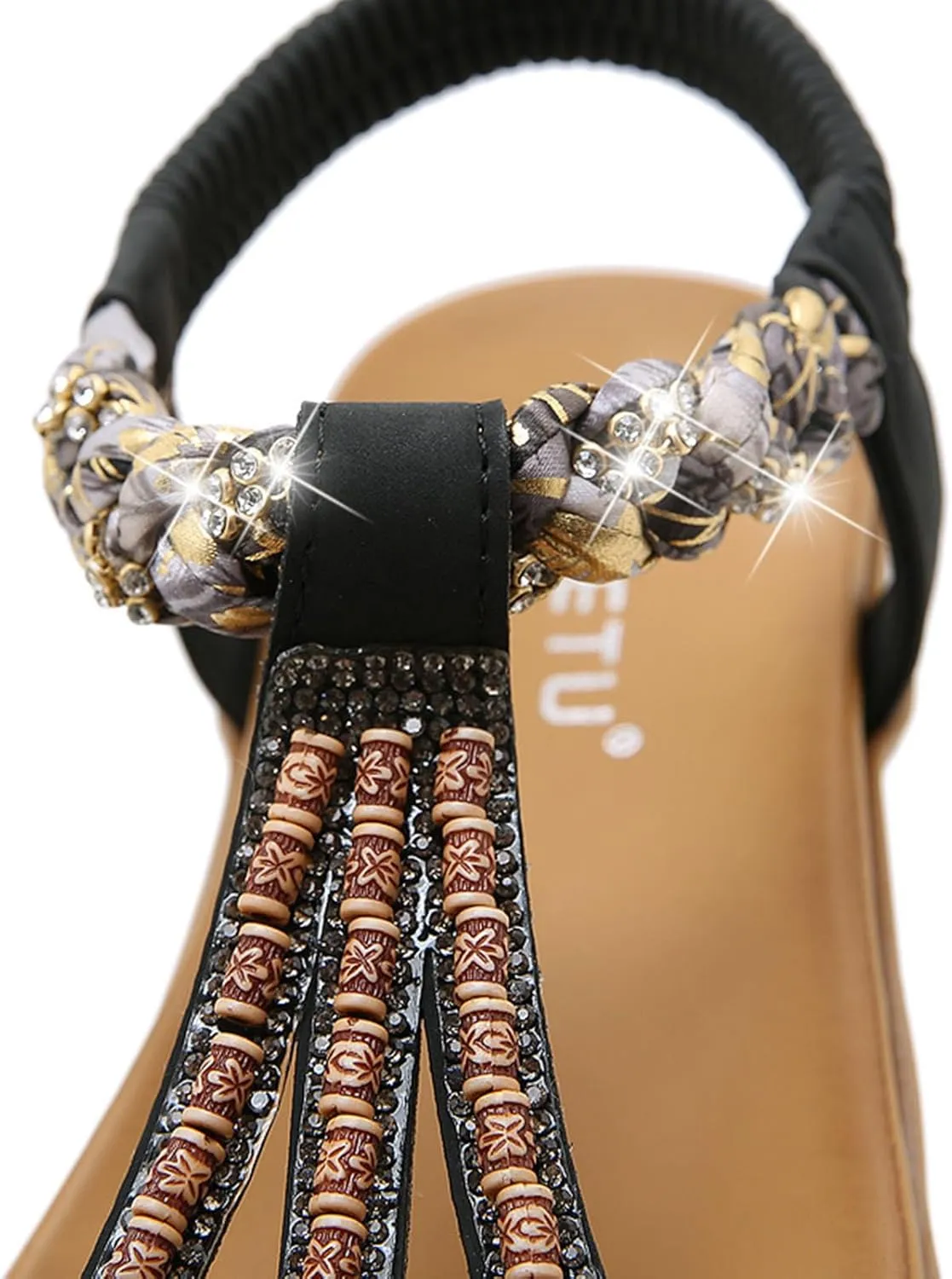 Slingback T Strap Flat Sandals for Women Bohemian Beaded Comfortable Open Toe Elastic Ankle Strap Sandals Dressy Casual Summer Beach Shoes Outdoor Walking Flats Sandal Breathable Lightweight Footwear