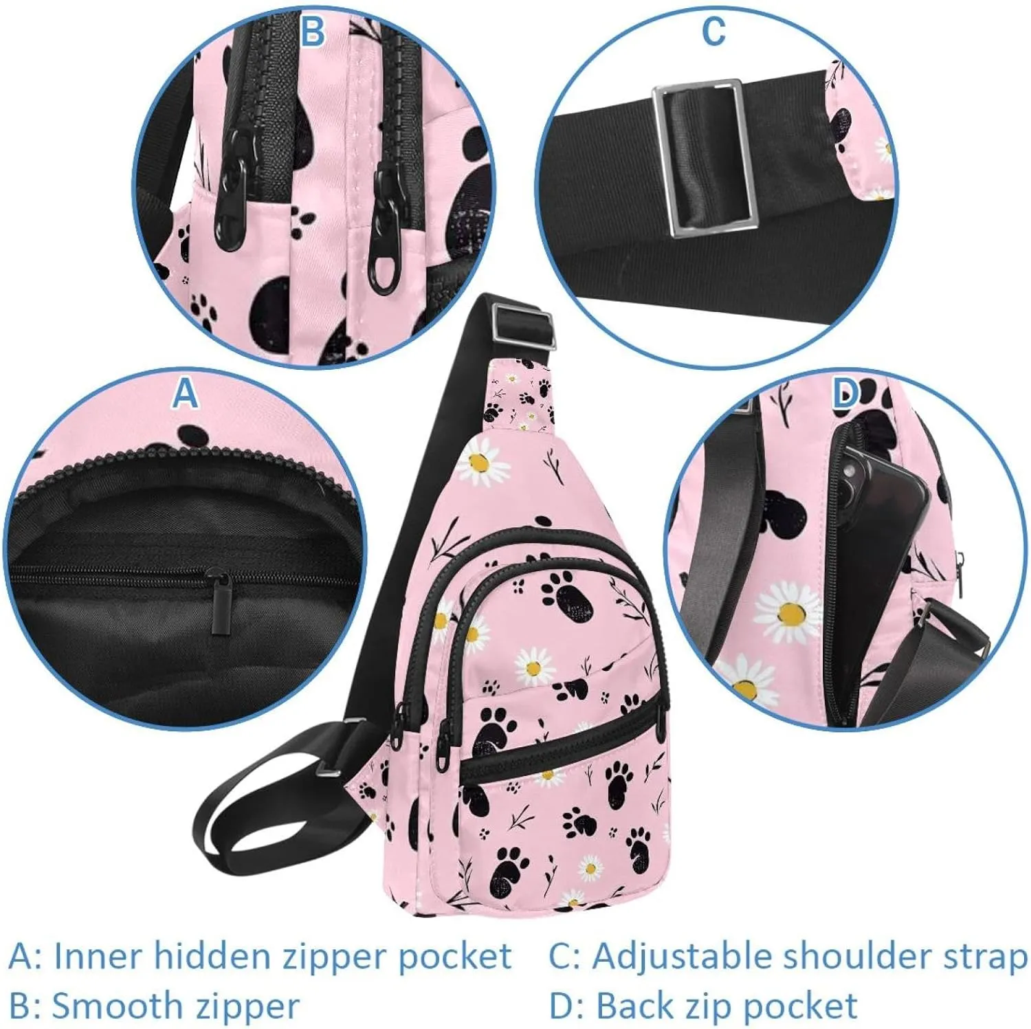 Small Sling Backpack Crossbody Sling Bag, Chest Bag Daypack, Cat Foot Prints Daisy Flower (2)