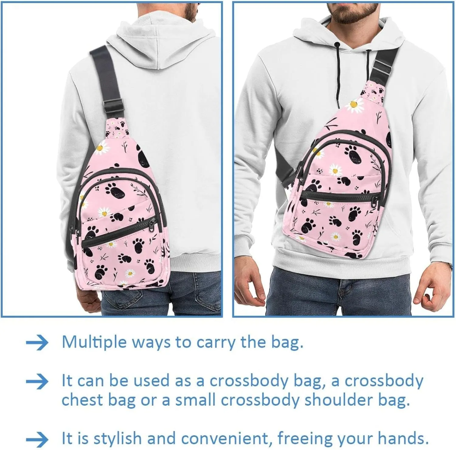 Small Sling Backpack Crossbody Sling Bag, Chest Bag Daypack, Cat Foot Prints Daisy Flower (2)