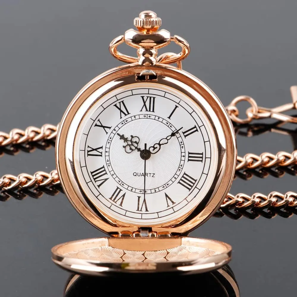 Smooth Pocket Watch Alloy Steel Quartz Roman Numerals with 37cm Chain for Father's Day Xmas Best Gifts