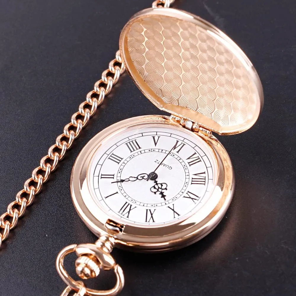 Smooth Pocket Watch Alloy Steel Quartz Roman Numerals with 37cm Chain for Father's Day Xmas Best Gifts