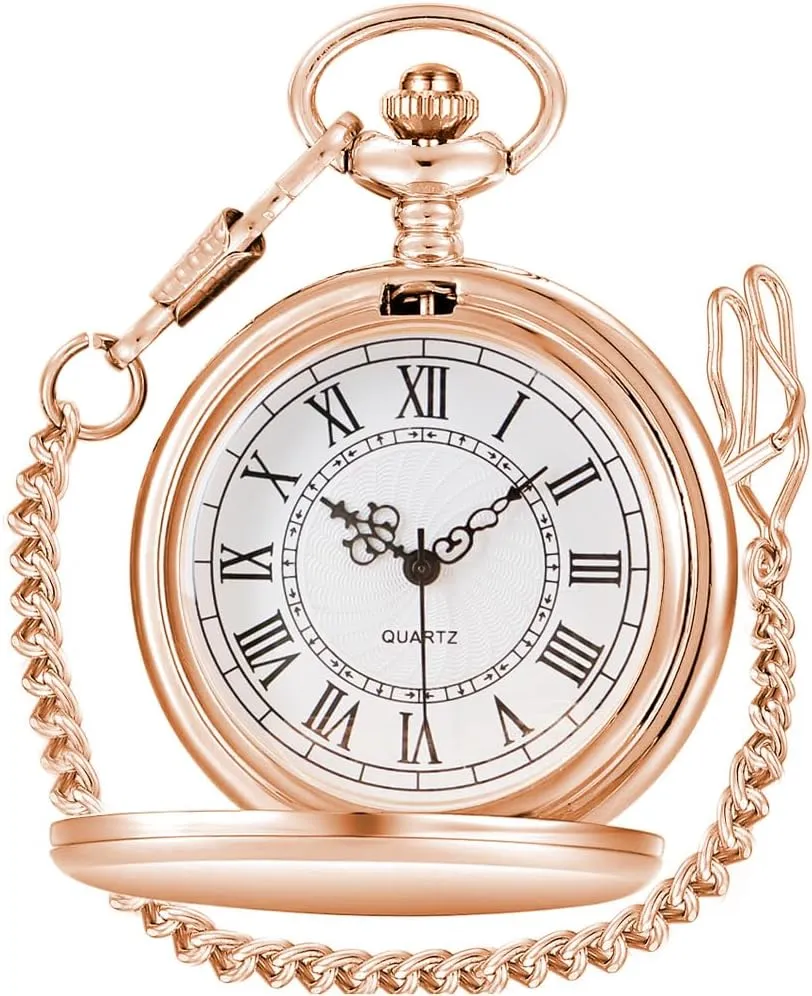 Smooth Pocket Watch Alloy Steel Quartz Roman Numerals with 37cm Chain for Father's Day Xmas Best Gifts