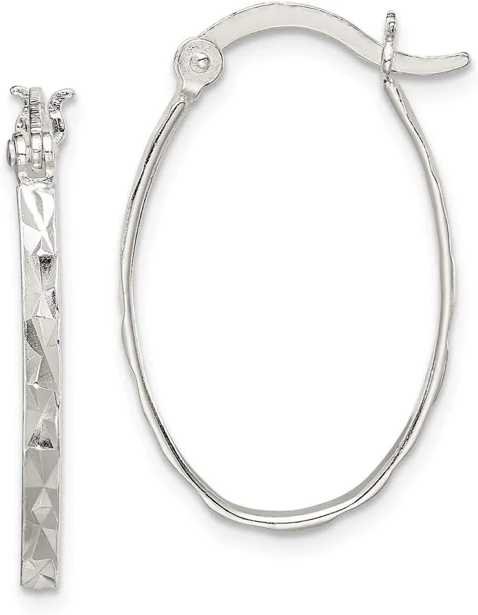 Solid Real 925 Sterling Silver and Textured Oval Hoop Earrings - 15mm x 2mm