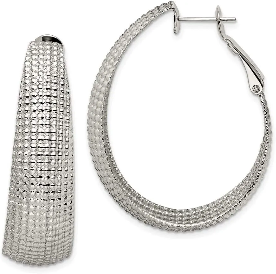 Solid Real Stainless Steel Textured Oval Hoop Earrings - 42mm x 7mm