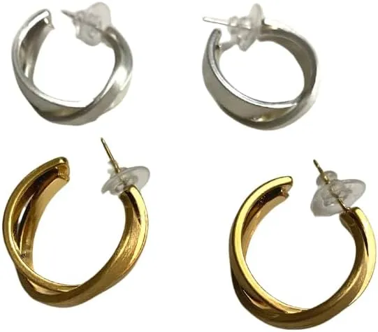 Stainless Steel 18K Gold Plated Rough Textured Twist Hoops Earrings, Hypoallergenic, Waterproof & Tarnish Free - P
