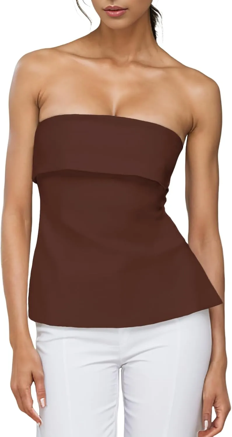 Strapless Tube Tops for Women Backless Going Out Bandeau Top Sexy Trendy Off Shoulder Side Split Summer Bustier Tops