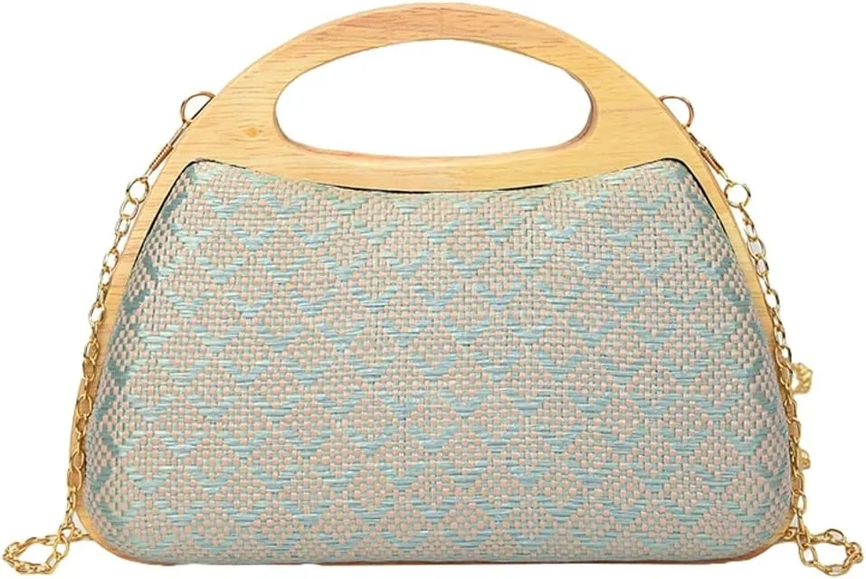 Straw Beach Bag for Women Clutch Purse Trendy Wooden Top-Handle Purse Evening Handbag Summer Crossbody Chain Bag