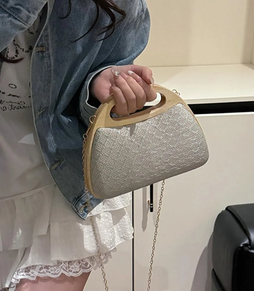 Straw Beach Bag for Women Clutch Purse Trendy Wooden Top-Handle Purse Evening Handbag Summer Crossbody Chain Bag