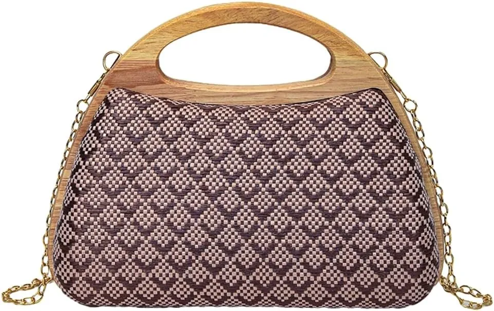 Straw Beach Bag for Women Clutch Purse Trendy Wooden Top-Handle Purse Evening Handbag Summer Crossbody Chain Bag