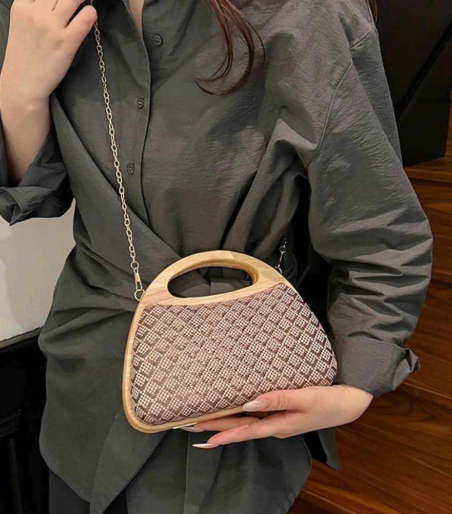Straw Beach Bag for Women Clutch Purse Trendy Wooden Top-Handle Purse Evening Handbag Summer Crossbody Chain Bag