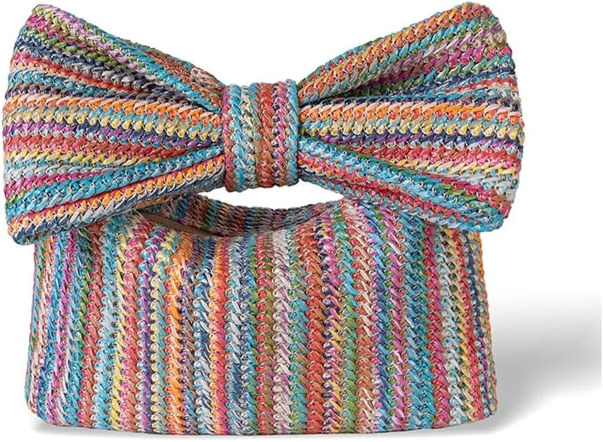 Straw Clutch Purse for Women, Summer Handmade Woven Bow Purse and Handbag Evening Bag for Beach Party Wedding Vacation