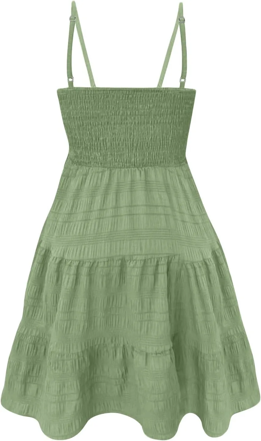 Summer Dresses for Women 2024 Spaghetti Strap Dress Sleeveless Smocked Sundress A Line Tiered Beach Dress