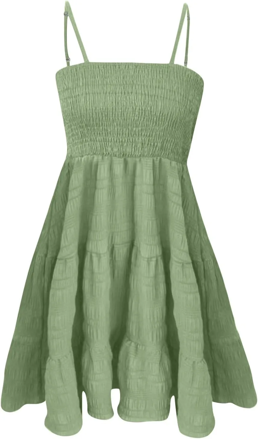 Summer Dresses for Women 2024 Spaghetti Strap Dress Sleeveless Smocked Sundress A Line Tiered Beach Dress