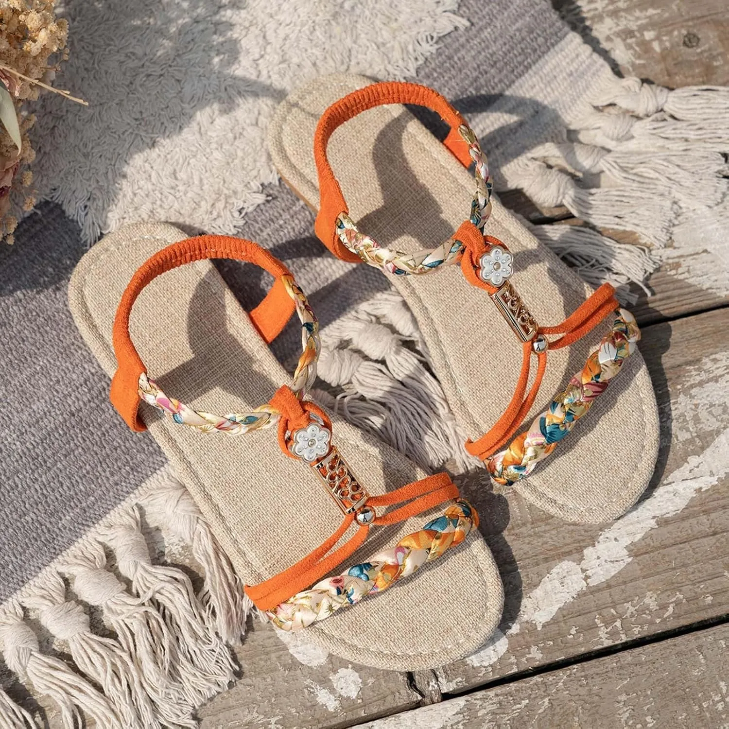 Summer Sandals for Women 2025 Dressy Casual Bohemian Beach Sandal Orthopedic Wedge Sandals Ankle Strap Flip Flops Open Toe Jeweled Flat Sandals Shoes for Vacation Party Wedding