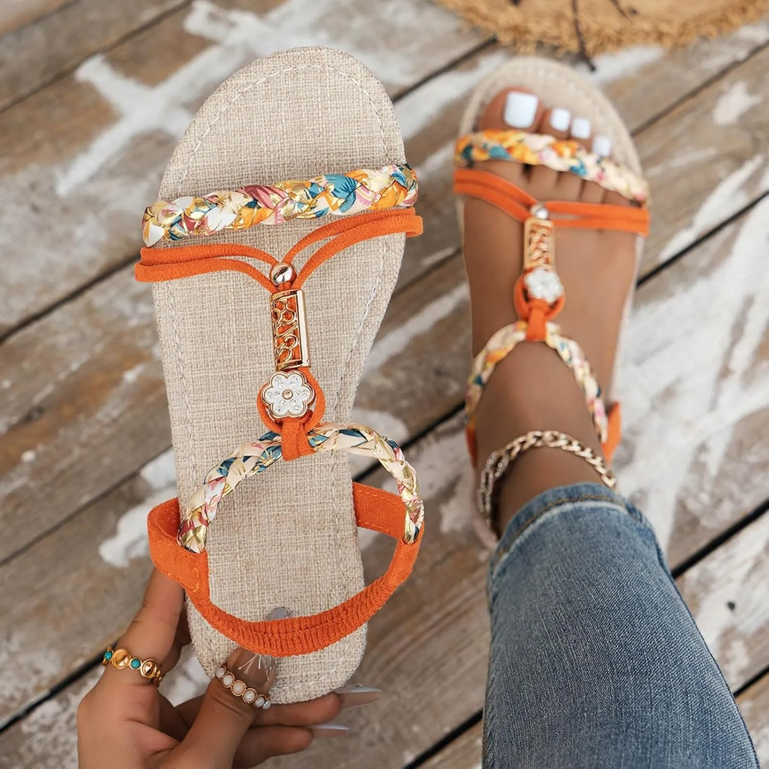 Summer Sandals for Women 2025 Dressy Casual Bohemian Beach Sandal Orthopedic Wedge Sandals Ankle Strap Flip Flops Open Toe Jeweled Flat Sandals Shoes for Vacation Party Wedding