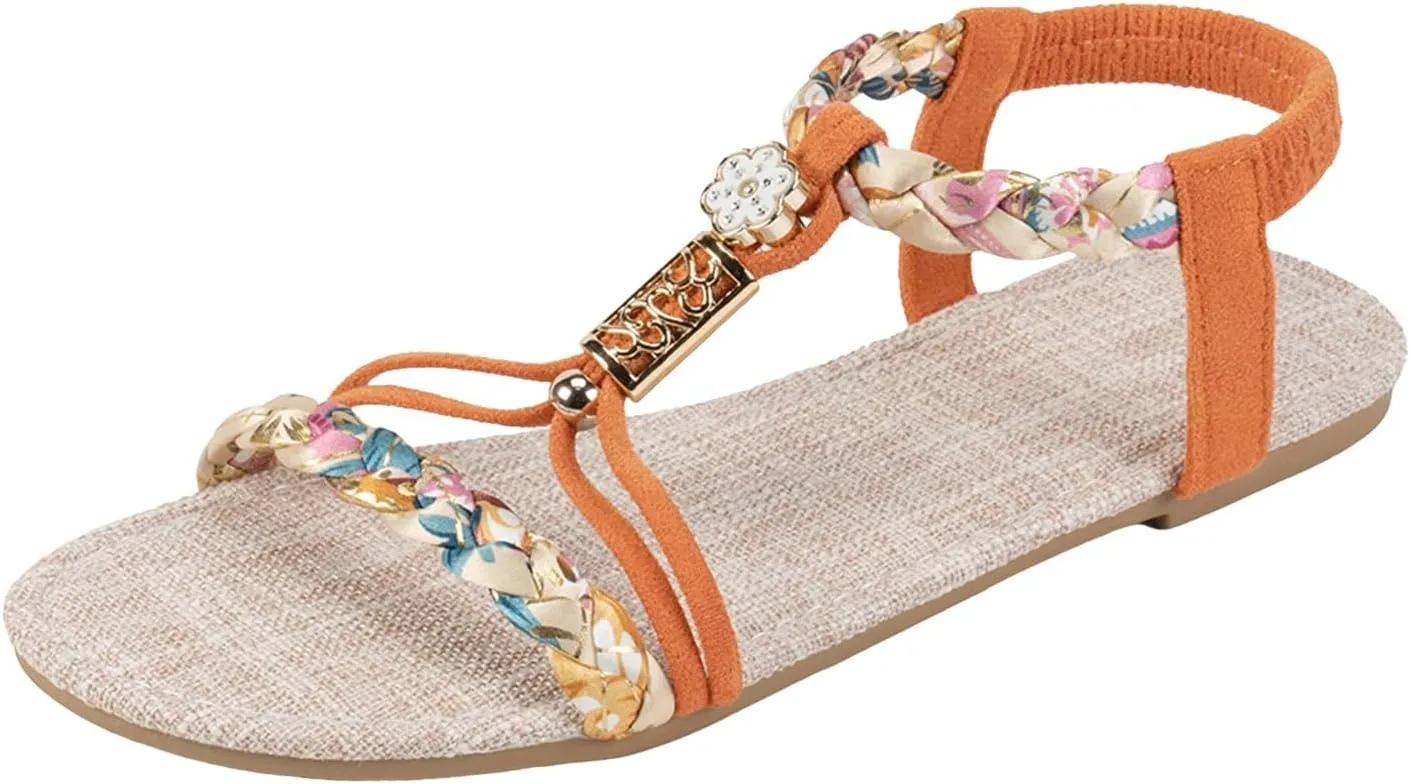 Summer Sandals for Women 2025 Dressy Casual Bohemian Beach Sandal Orthopedic Wedge Sandals Ankle Strap Flip Flops Open Toe Jeweled Flat Sandals Shoes for Vacation Party Wedding
