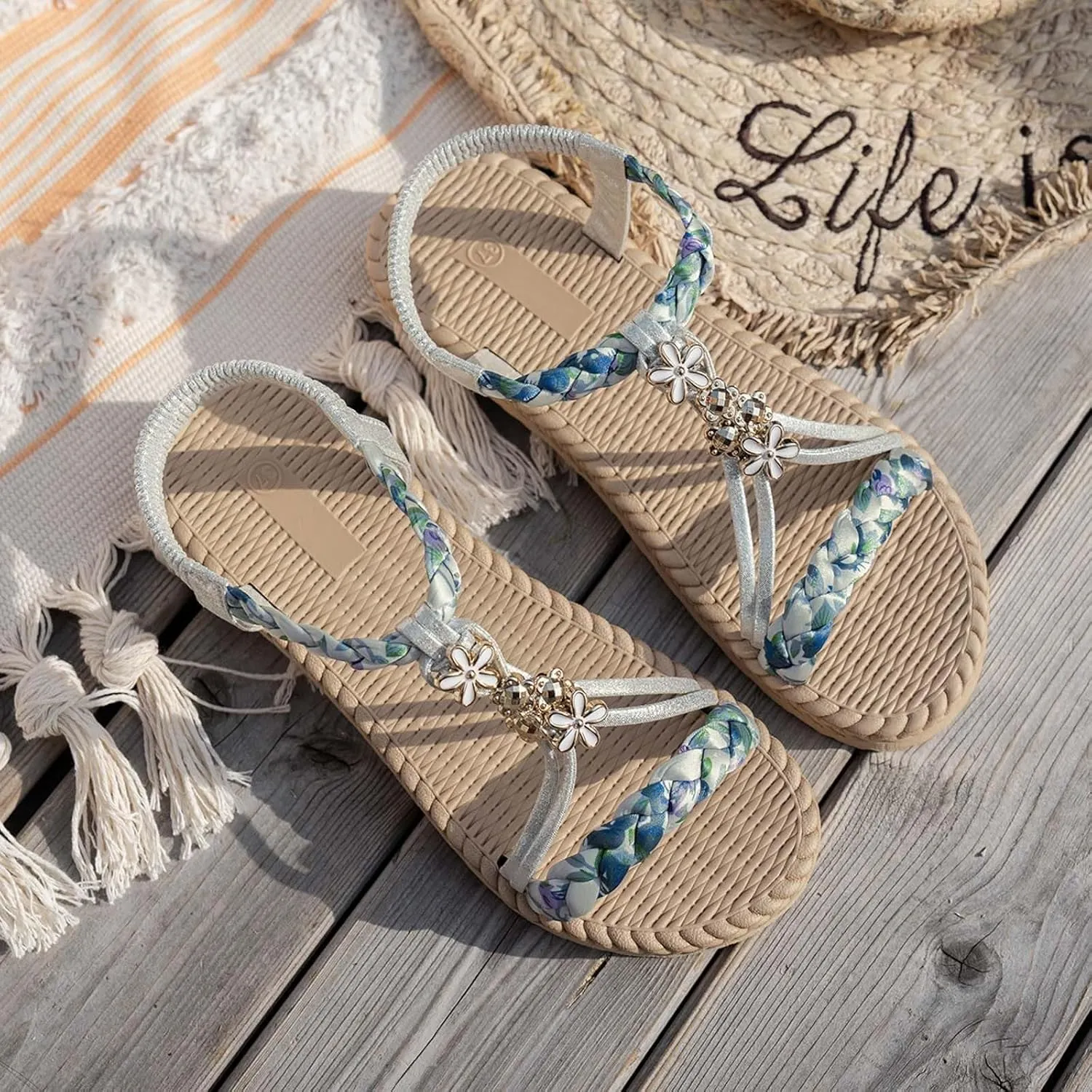 Summer Sandals for Women 2025 Trendy Dressy Womens Low Wedge Heels Sandal Shoes Platform Wedges Shoe Comfort Walking Non Slip Casual Beach Shoes Ankle Elastic Bohemian Woven Sandals