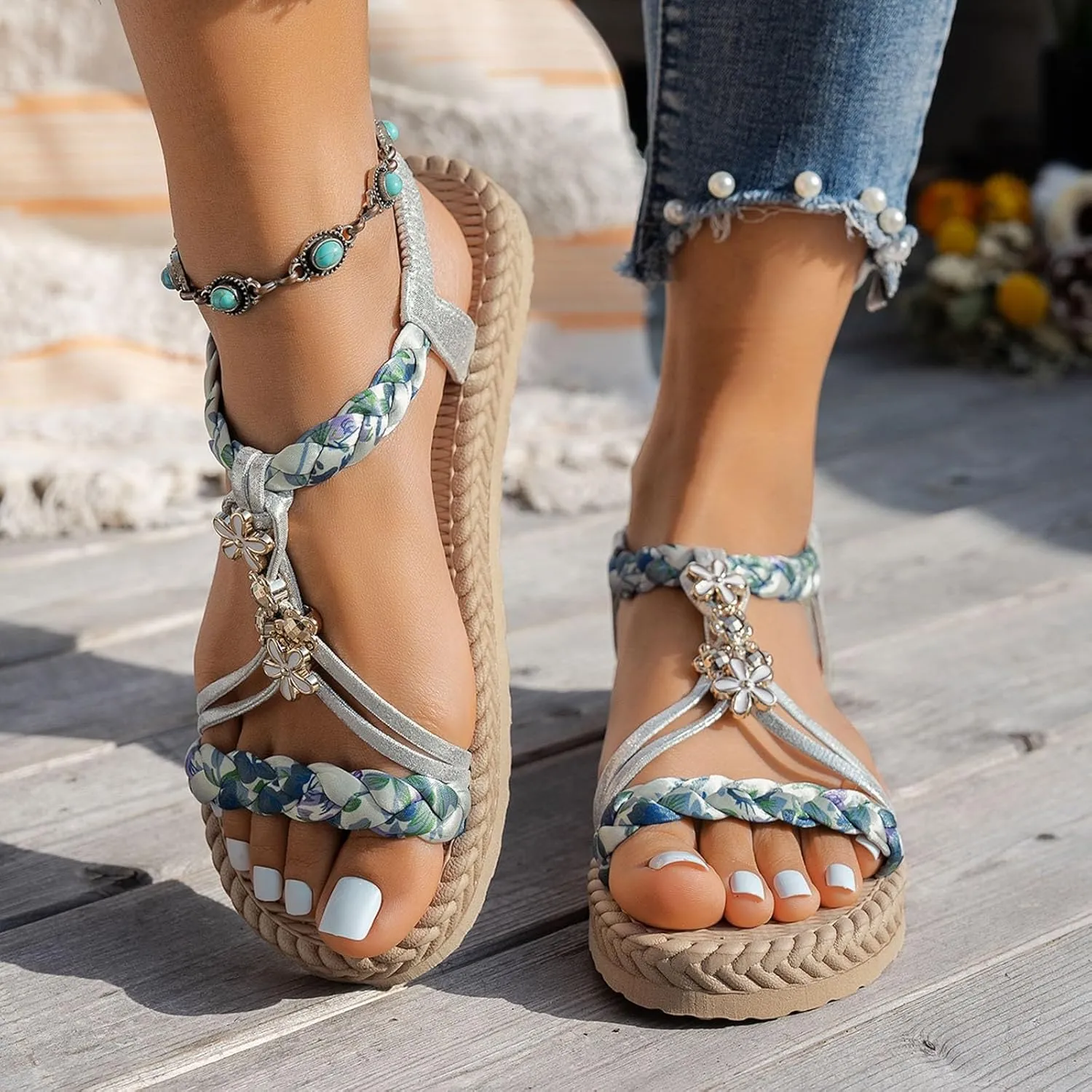 Summer Sandals for Women 2025 Trendy Dressy Womens Low Wedge Heels Sandal Shoes Platform Wedges Shoe Comfort Walking Non Slip Casual Beach Shoes Ankle Elastic Bohemian Woven Sandals