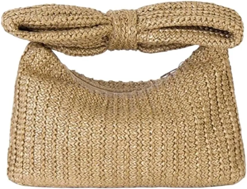 Summer Straw Weaving Clutch Bag Women's Wedding Party Fashion Handbag with Bow Retro Hand-Woven Top-Handle Bag Crochet Beach Bag for Vacation, Travel, Shopping