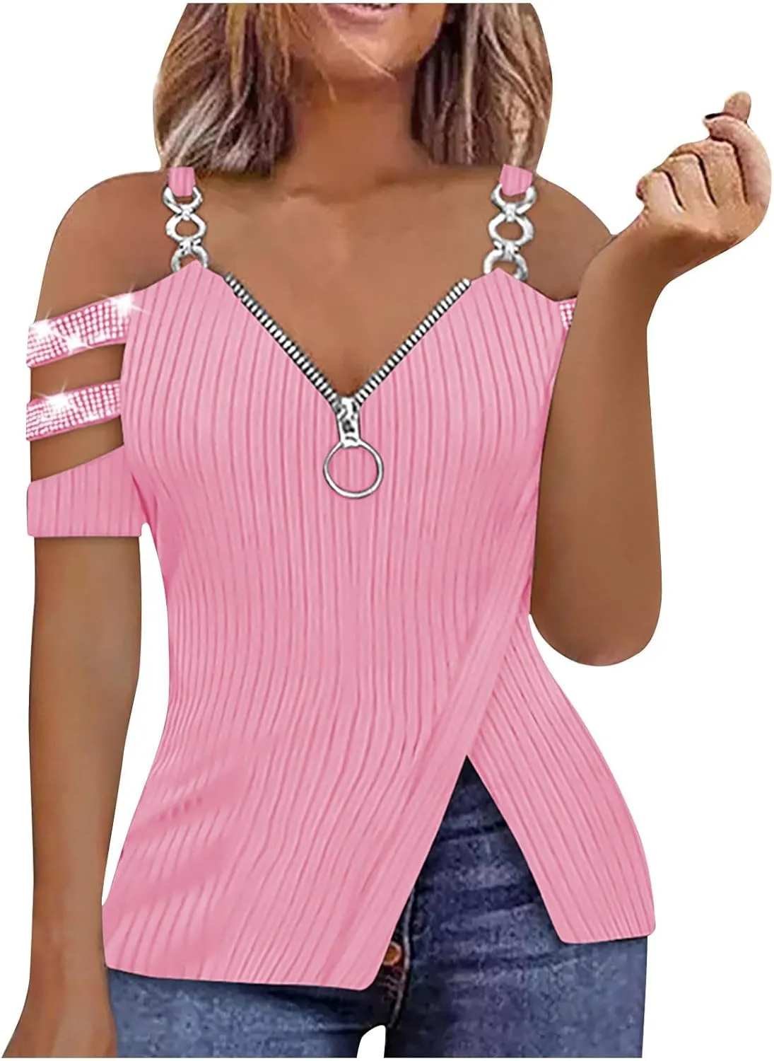 Summer Tops for Women Trendy Metal Chain Sleeveless Camisole Casual Dressy Off Shoulder Vest Zipper V-Neck Tank Tops