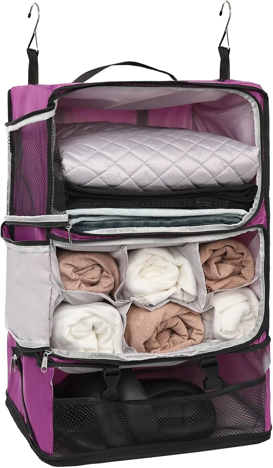 TABITORA Travel Portable Hanging Shelves Closet Organizer Packing Luggage Storage with Multifunctional and Foldable Invisible Compartment,Lightweight, for Suitcase, RV,ClosetPurple,XXL