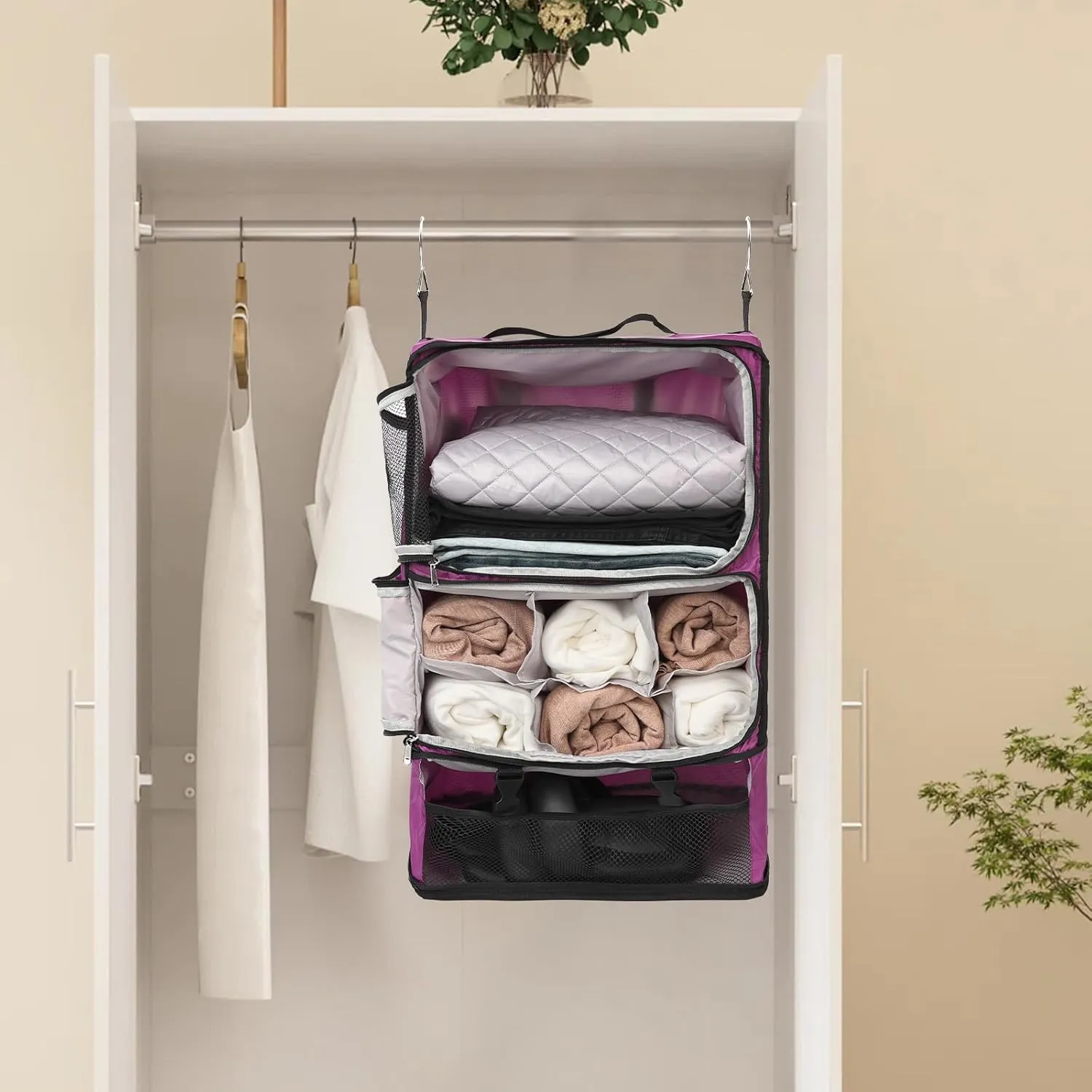 TABITORA Travel Portable Hanging Shelves Closet Organizer Packing Luggage Storage with Multifunctional and Foldable Invisible Compartment,Lightweight, for Suitcase, RV,ClosetPurple,XXL