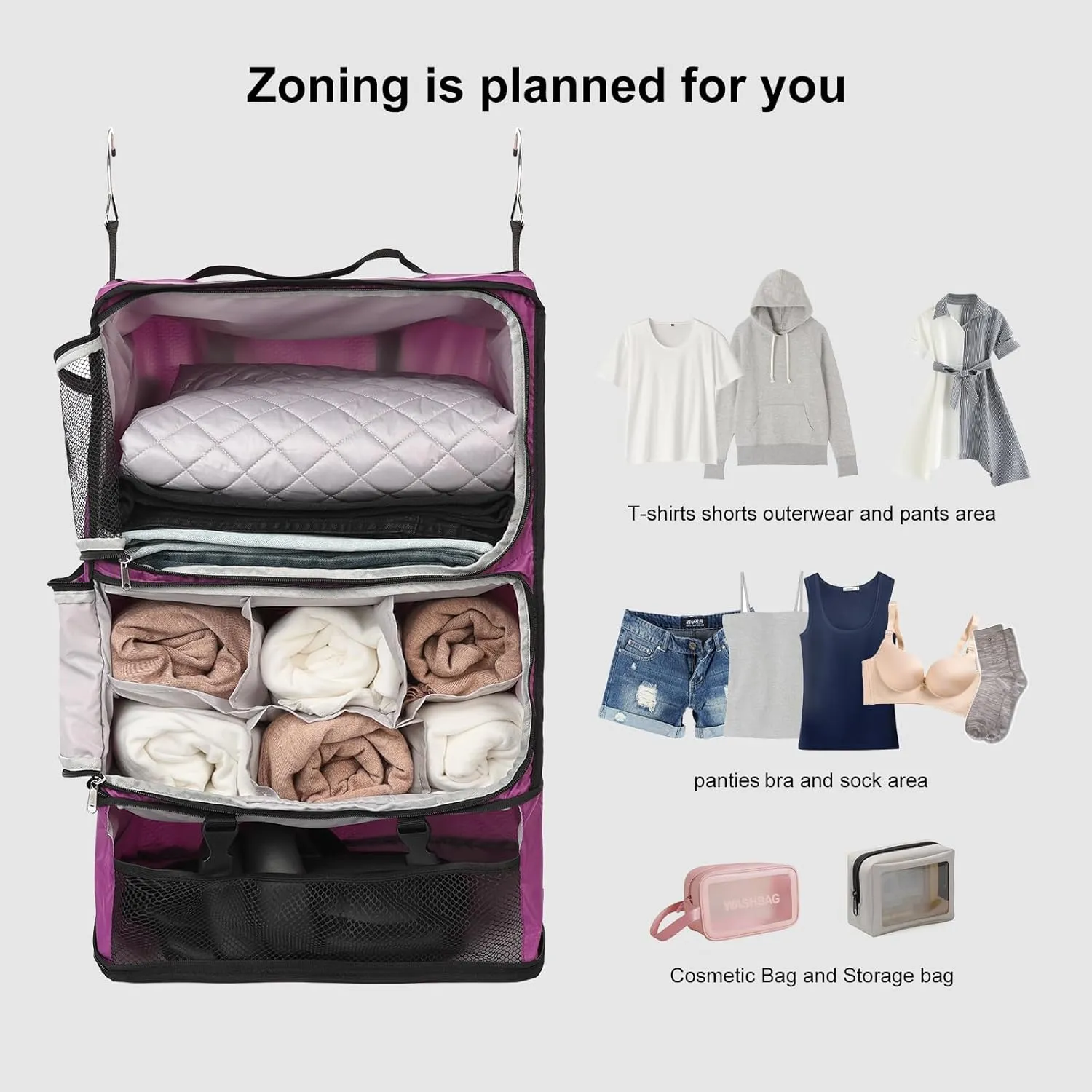 TABITORA Travel Portable Hanging Shelves Closet Organizer Packing Luggage Storage with Multifunctional and Foldable Invisible Compartment,Lightweight, for Suitcase, RV,ClosetPurple,XXL