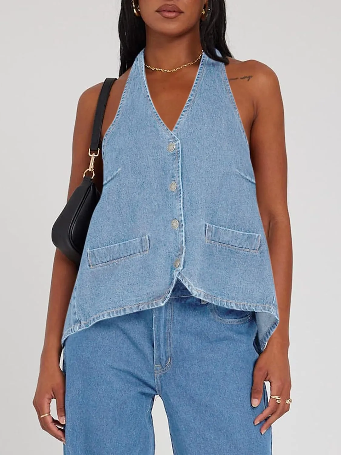 Tankaneo Womens Halter Denim Vest Tops Summer Open Back Y2K Going Out Tank Tops V Neck Button Down Jean Shirts