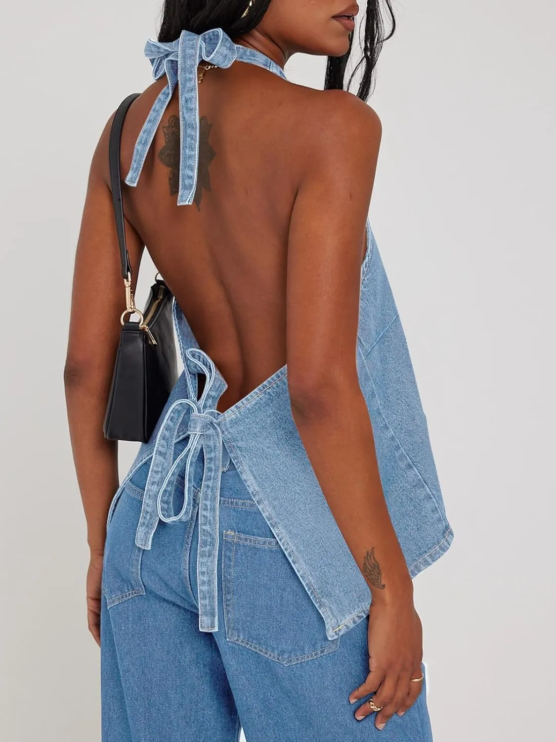 Tankaneo Womens Halter Denim Vest Tops Summer Open Back Y2K Going Out Tank Tops V Neck Button Down Jean Shirts