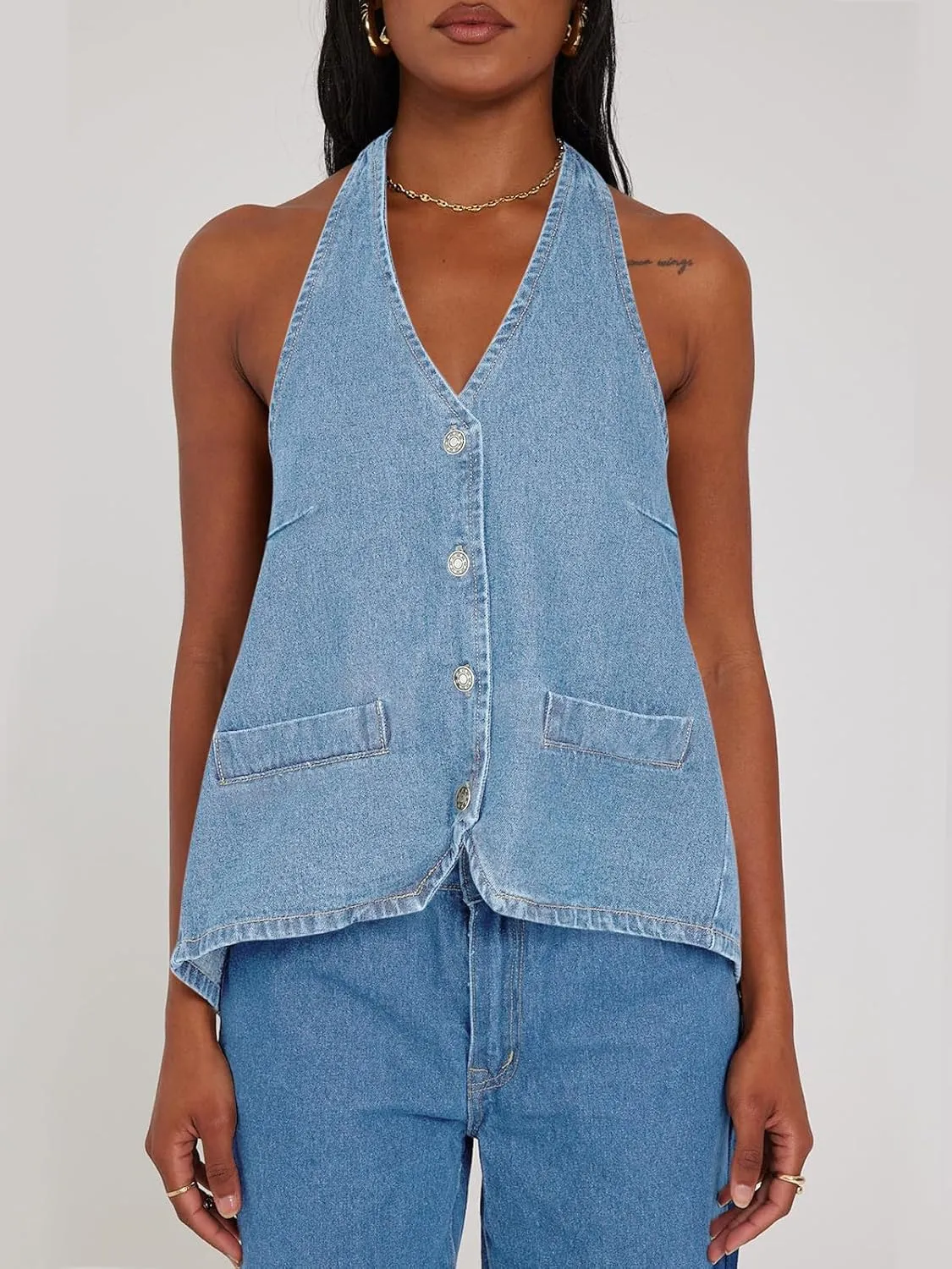 Tankaneo Womens Halter Denim Vest Tops Summer Open Back Y2K Going Out Tank Tops V Neck Button Down Jean Shirts