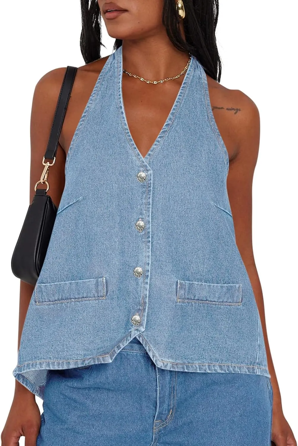 Tankaneo Womens Halter Denim Vest Tops Summer Open Back Y2K Going Out Tank Tops V Neck Button Down Jean Shirts