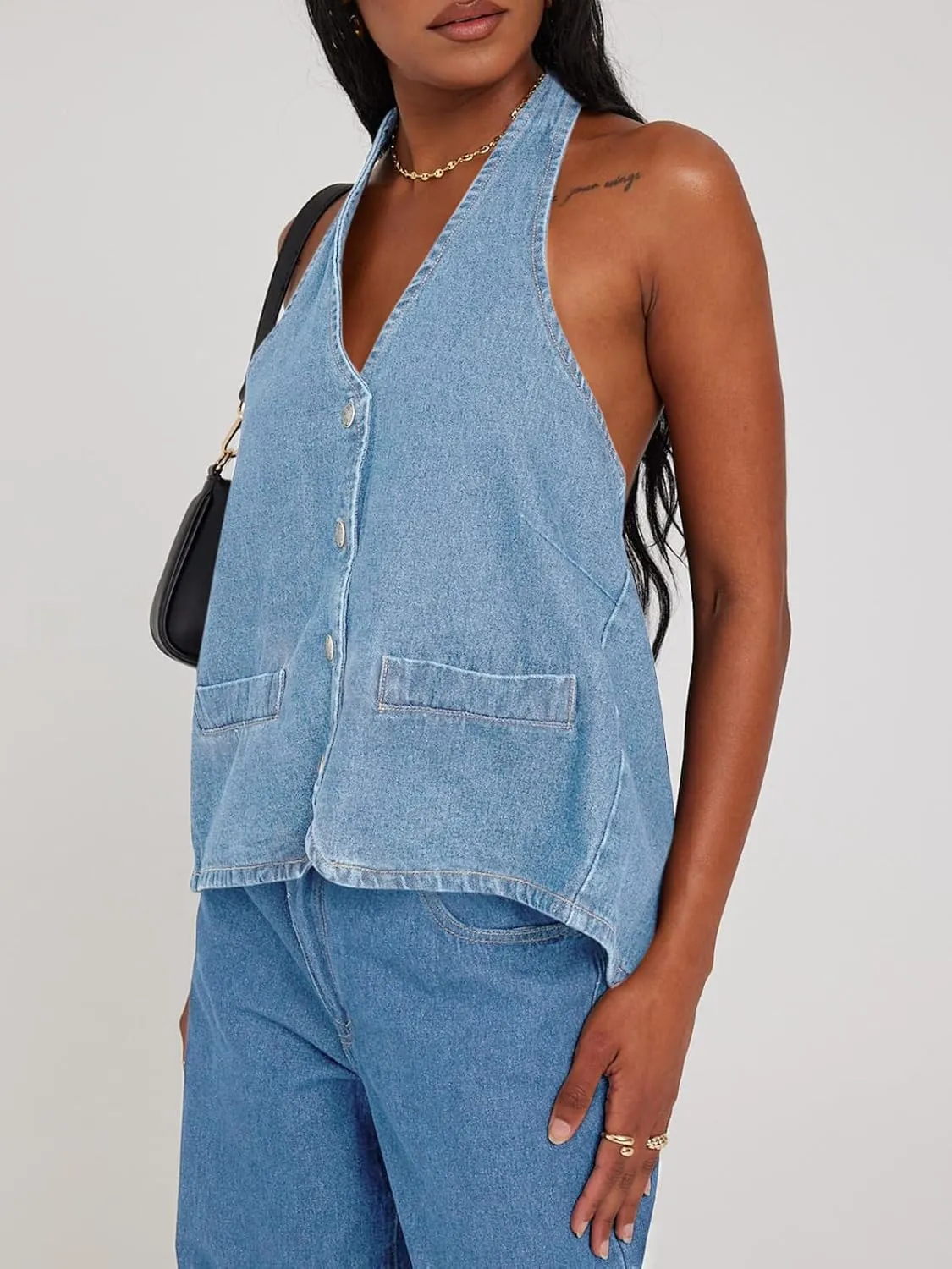 Tankaneo Womens Halter Denim Vest Tops Summer Open Back Y2K Going Out Tank Tops V Neck Button Down Jean Shirts