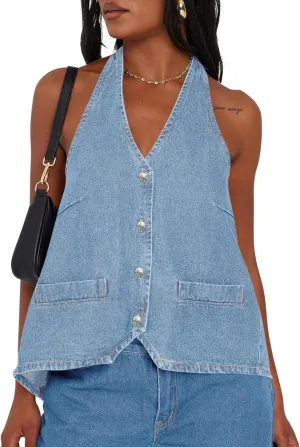 Tankaneo Womens Halter Denim Vest Tops Summer Open Back Y2K Going Out Tank Tops V Neck Button Down Jean Shirts
