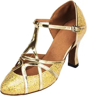 TDA Women's T-Strap Glitter Synthetic Salsa Tango Ballroom Latin Party Dance Shoes 4 8cm Glitter Gold