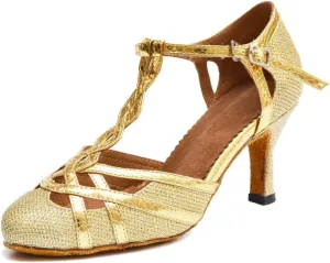 TDA Women's T-Strap Glitter Synthetic Salsa Tango Ballroom Latin Party Dance Shoes 4 Gold-7.5cm Heel