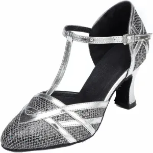 TDA Women's T-Strap Glitter Synthetic Salsa Tango Ballroom Latin Party Dance Shoes 4 Silver Black-7cm Heel