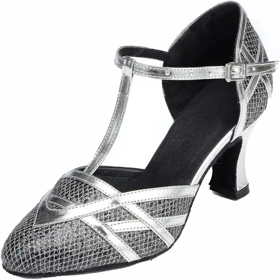TDA Women's T-Strap Glitter Synthetic Salsa Tango Ballroom Latin Party Dance Shoes 4 Silver Black-7cm Heel