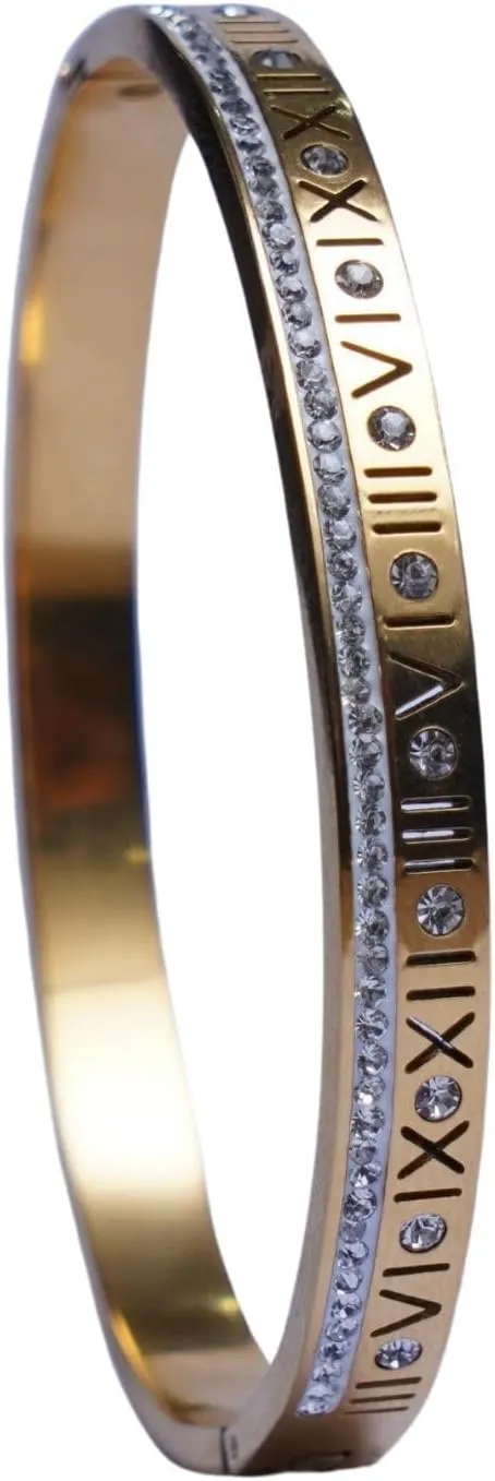 Timeless Elegance 18K Gold-Plated Numeral Bangle Bracelet for Women | Elegant Cubic Zirconia-Adorned Cuff | Adjustable Hinged Design | Luxurious Gift for Her