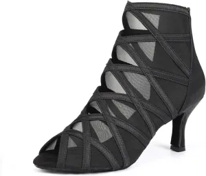 TINRYMX Women's Latin Dance Boots Ballrooom Salsa Tango Open Toe Performance Professional Dance Shoes, Model YCL445,Black-7.5CM,7.5(M) US
