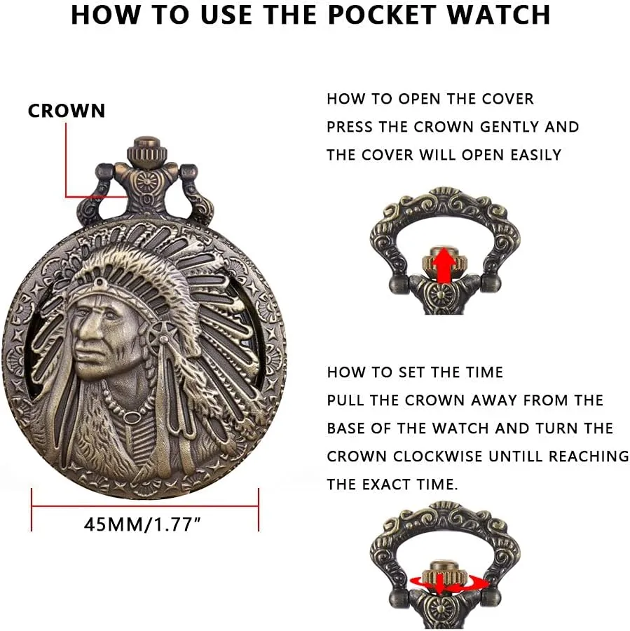 Tiong Engraved Ancient Native Indian/4th of July Pattern Quartz Pocket Watch Design Antique Souvenir Thanksgiving Gifts
