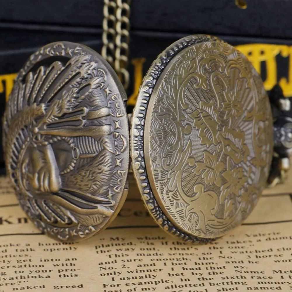 Tiong Engraved Ancient Native Indian/4th of July Pattern Quartz Pocket Watch Design Antique Souvenir Thanksgiving Gifts