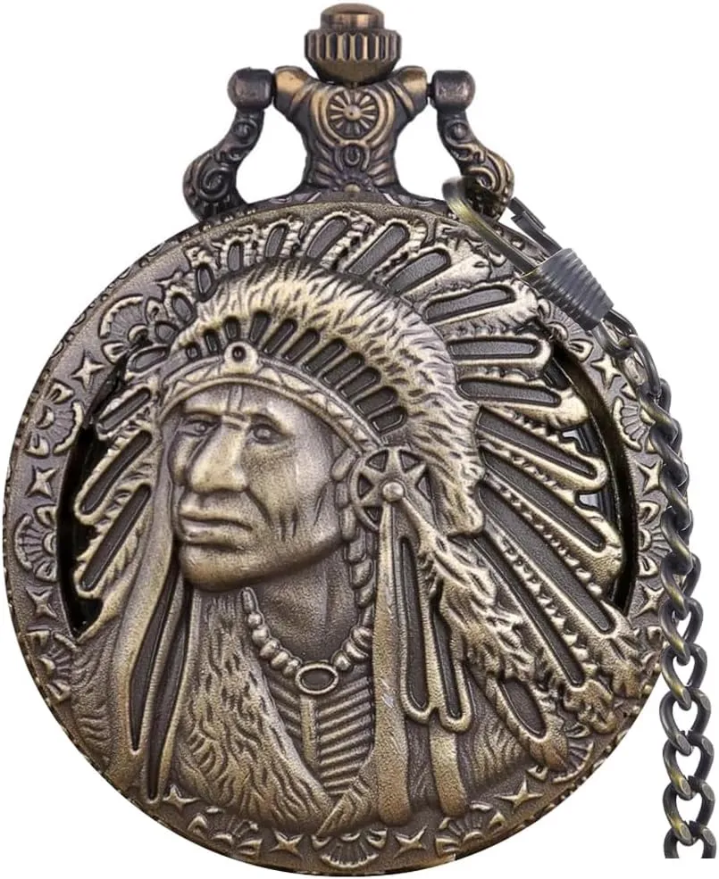 Tiong Engraved Ancient Native Indian/4th of July Pattern Quartz Pocket Watch Design Antique Souvenir Thanksgiving Gifts