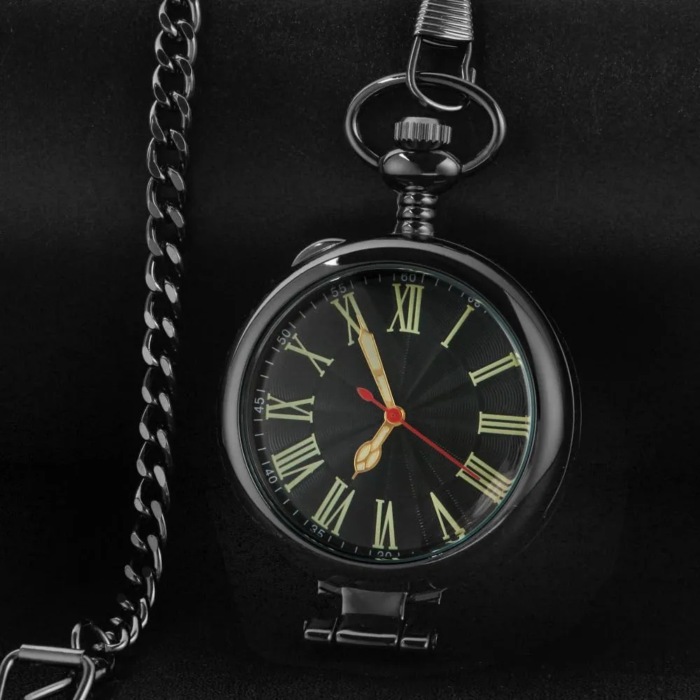 Tiong Smooth Pocket Watches Quartz Arabic/Roman Numerals Men Transparent Cover Pocket Watch with Chain&Box