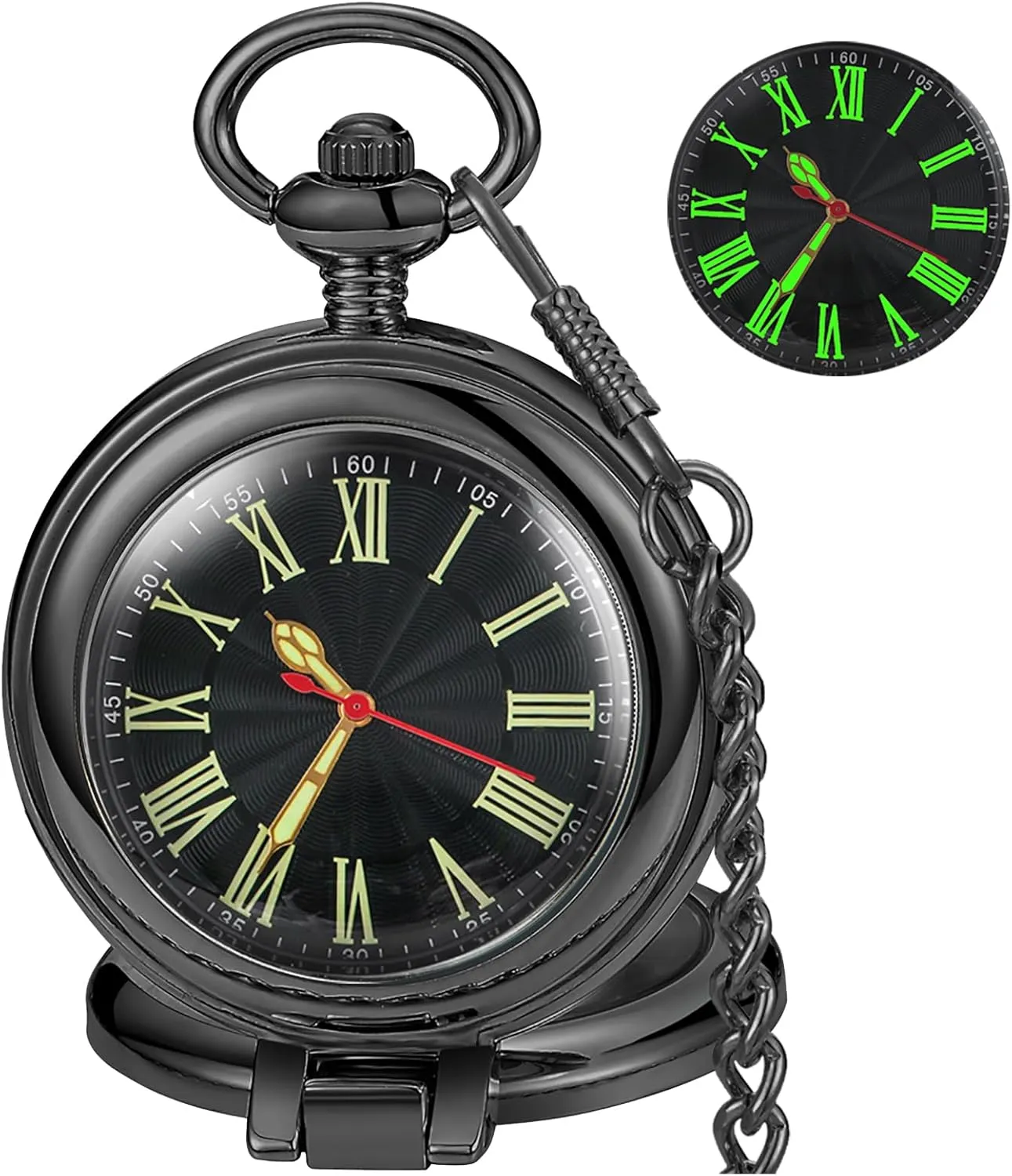 Tiong Smooth Pocket Watches Quartz Arabic/Roman Numerals Men Transparent Cover Pocket Watch with Chain&Box